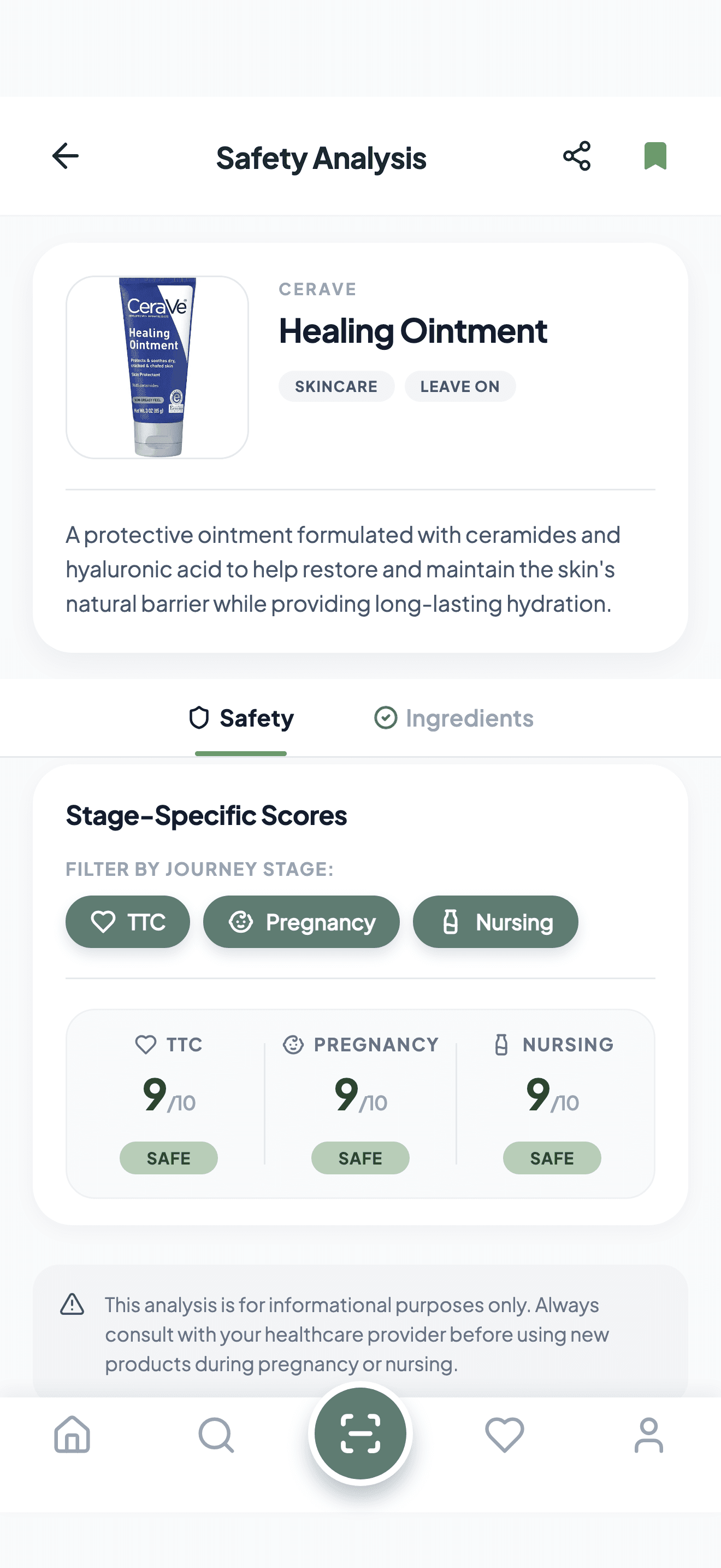 BloomSafe safety analysis of CeraVe Healing Ointment showing 9/10 safe scores for TTC, pregnancy and nursing
