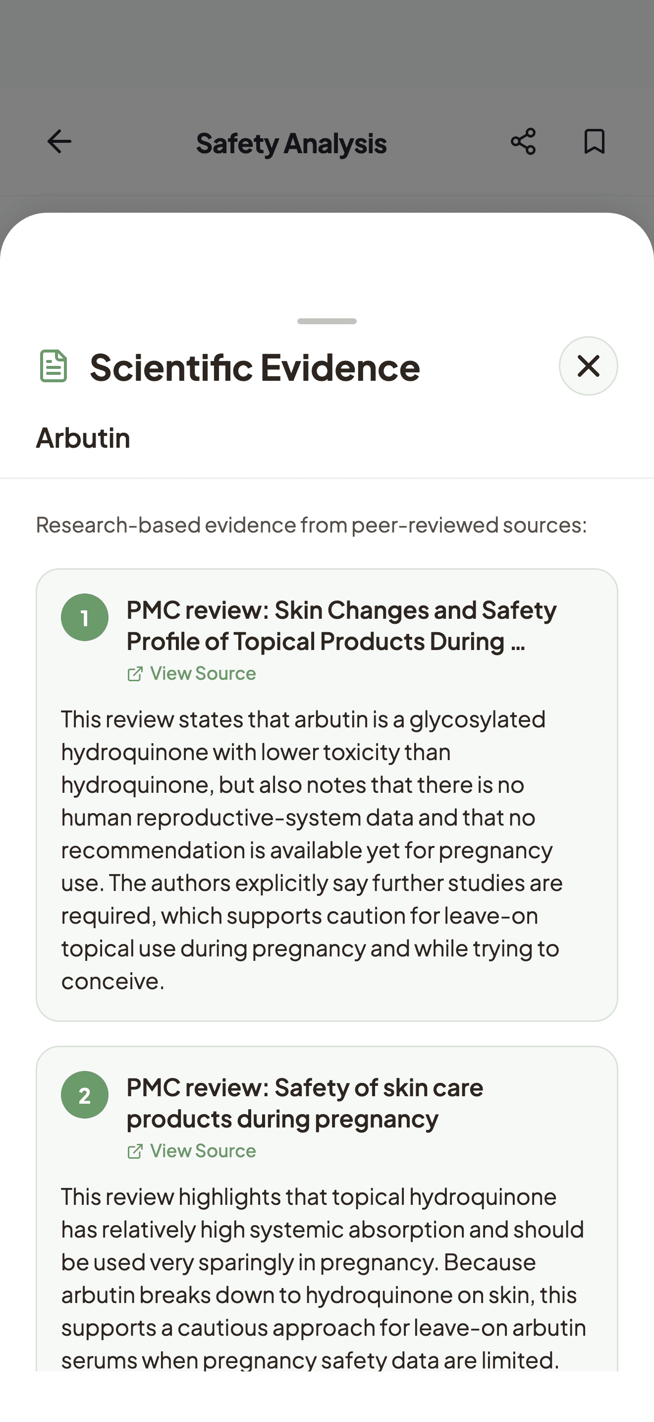 BloomSafe scientific evidence screen citing peer-reviewed sources on arbutin safety during pregnancy
