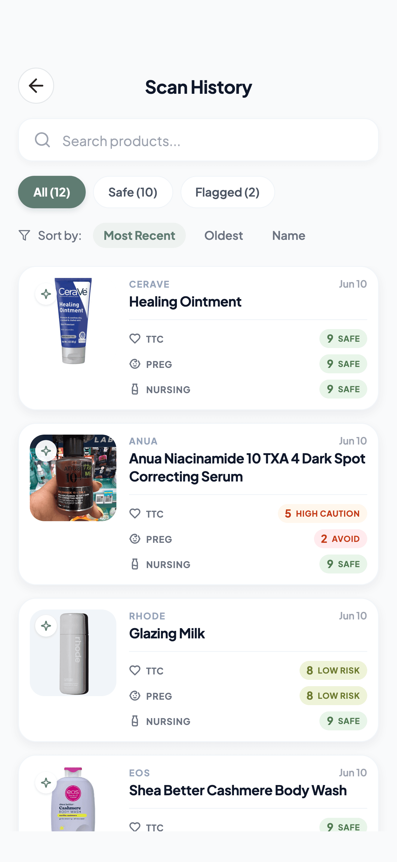 BloomSafe scan history showing saved products with safety scores per journey stage