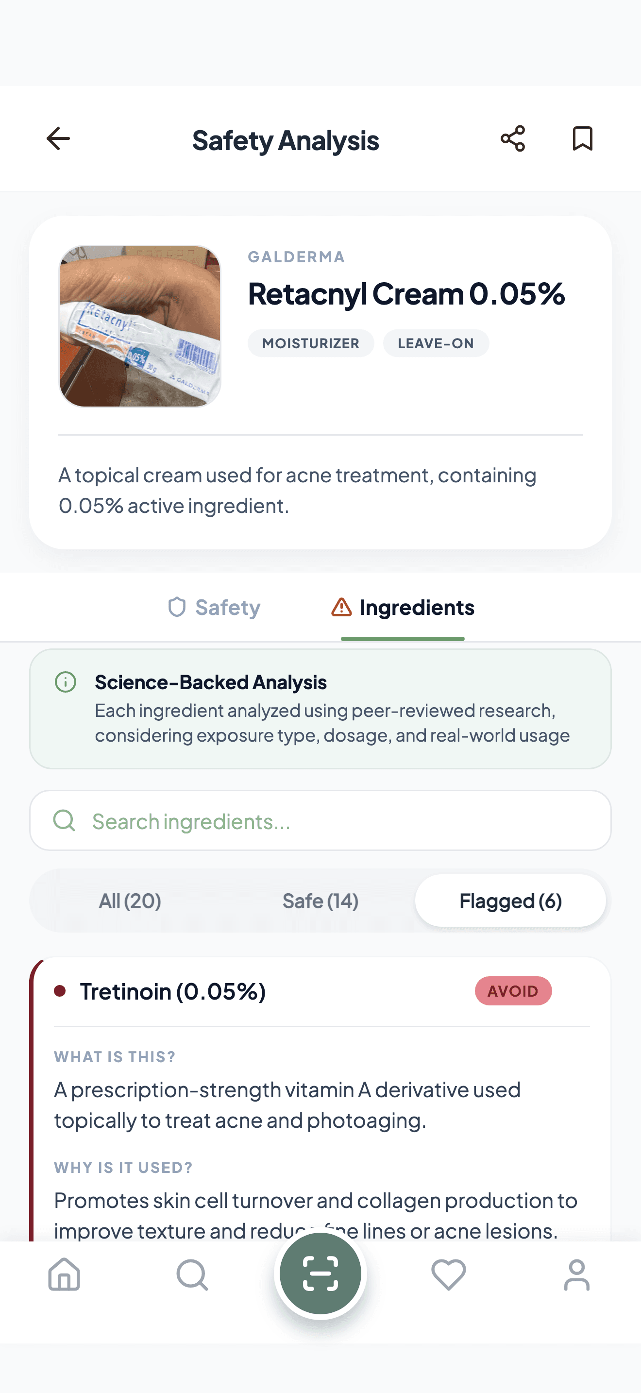 BloomSafe ingredient detail explaining why tretinoin is rated avoid during pregnancy