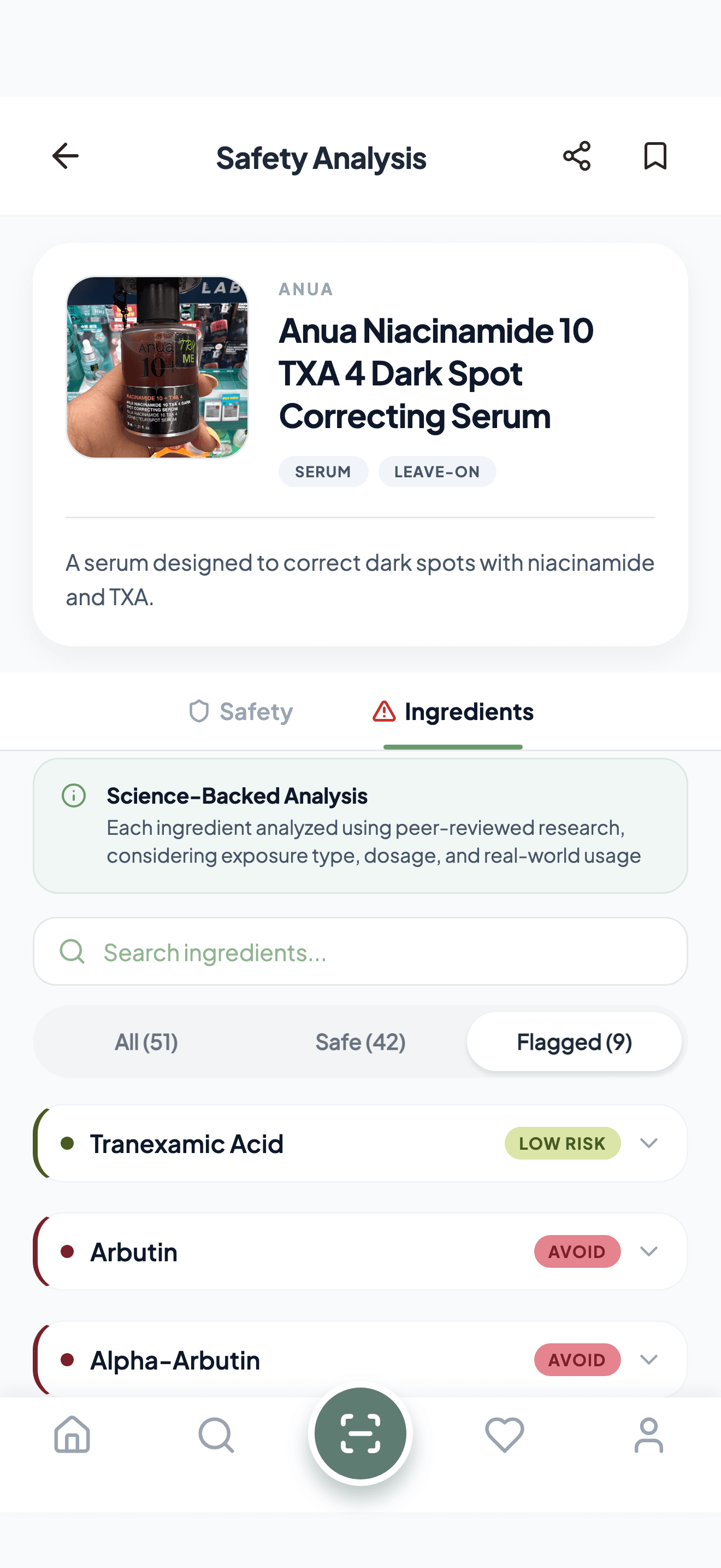 BloomSafe ingredient list showing flagged ingredients including arbutin marked avoid for pregnancy