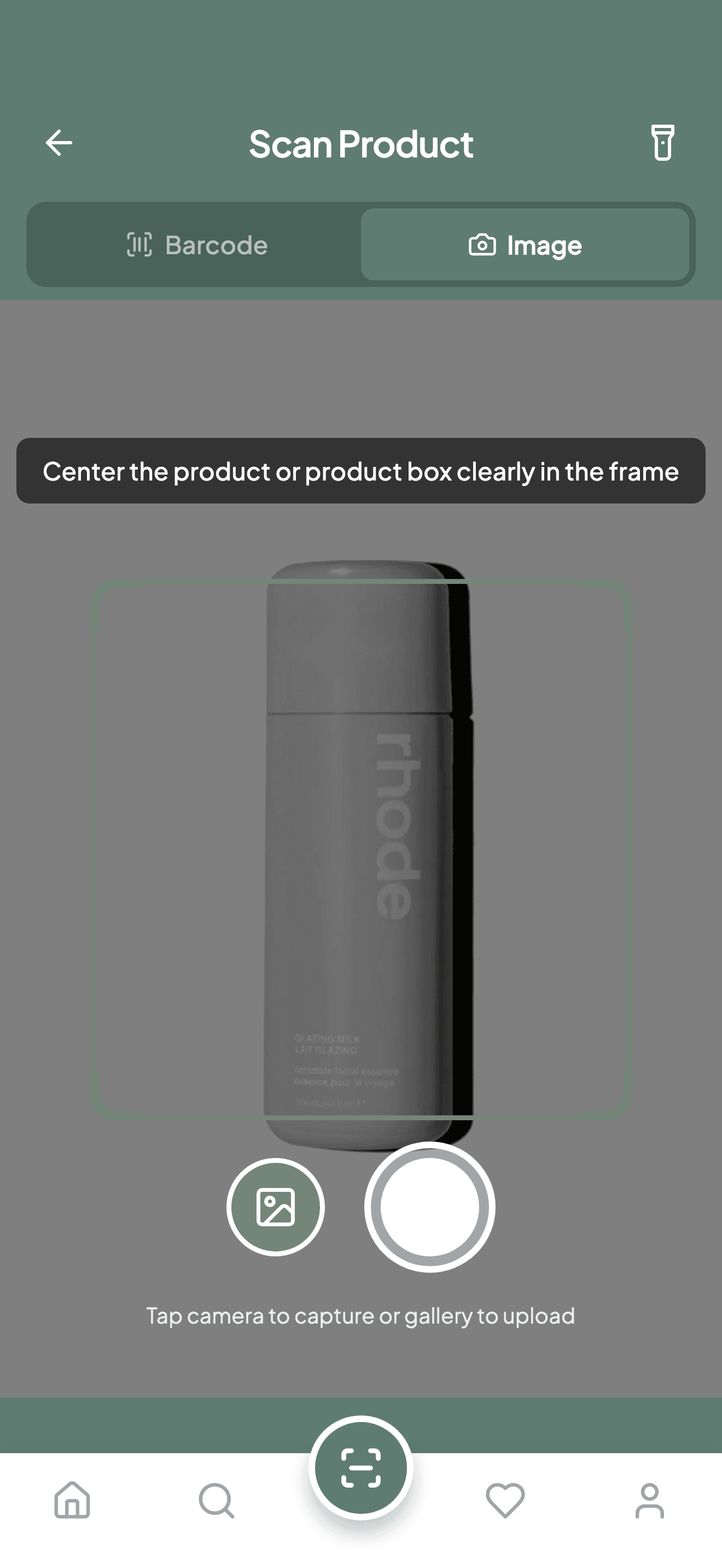 BloomSafe scan screen capturing a Rhode skincare product with the camera