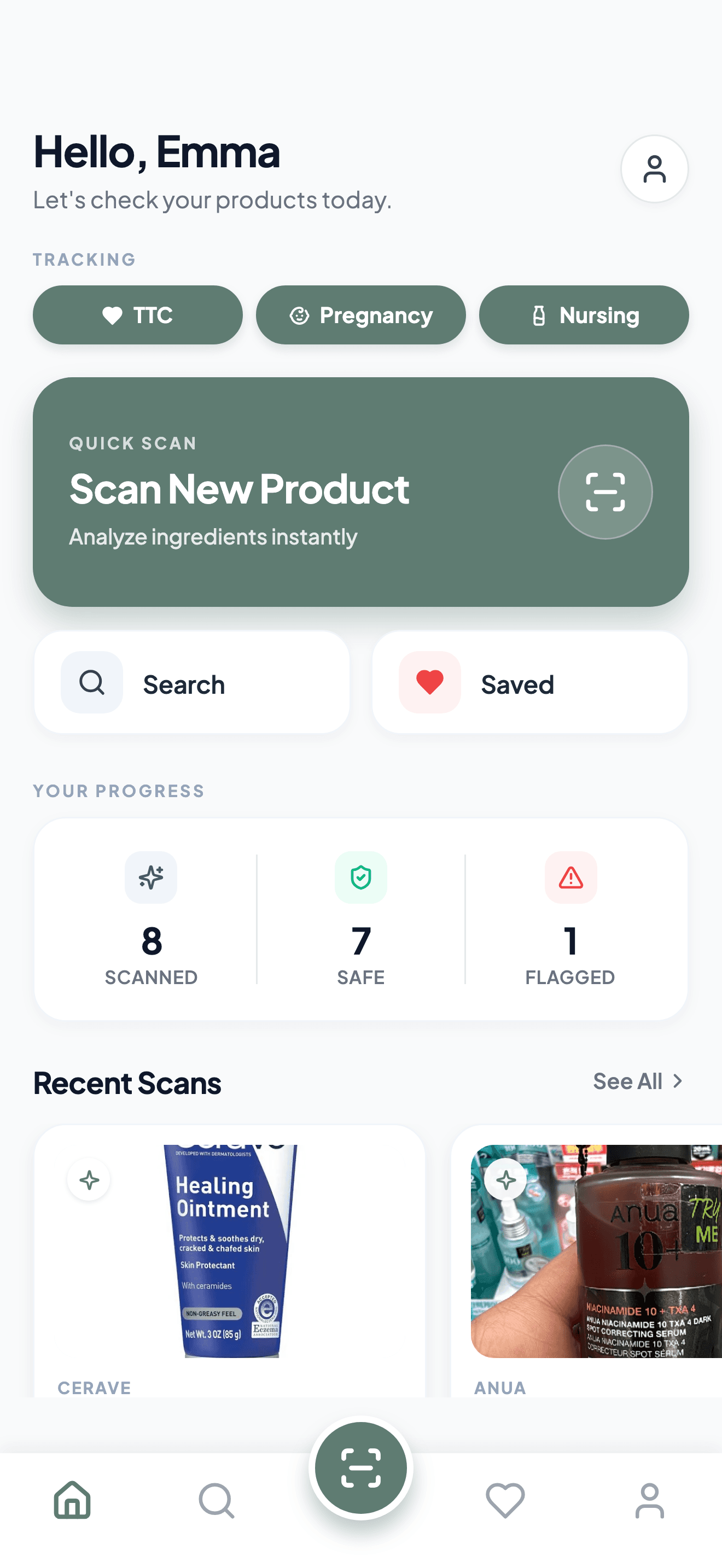BloomSafe home dashboard with journey stage selector, quick scan and recent product scans